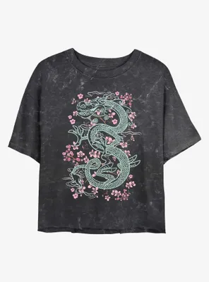 Disney Mulan Mushu Floral Mineral Wash Womens Crop T-Shirt