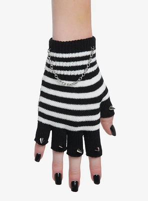 Black & White Stripe Chain Spike Fingerless Gloves