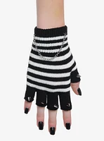 Black & White Stripe Chain Spike Fingerless Gloves