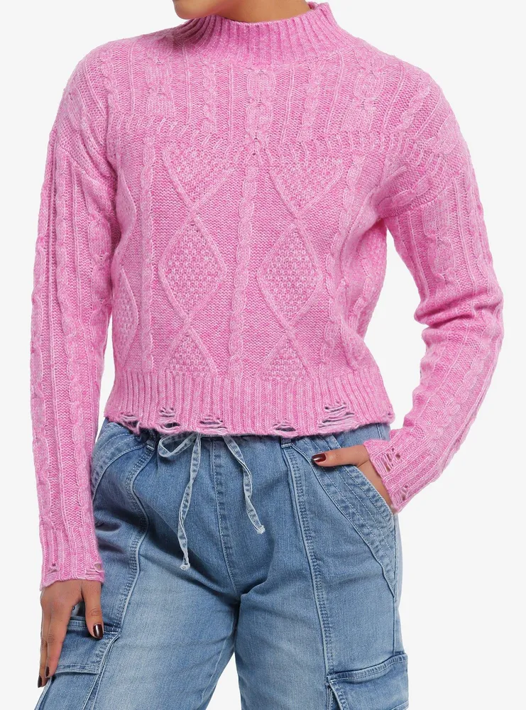 Magenta Cable Knit Girls Crop Sweater