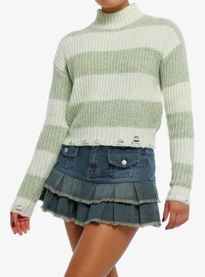 Light Green Stripe Cable Knit Girls Crop Sweater