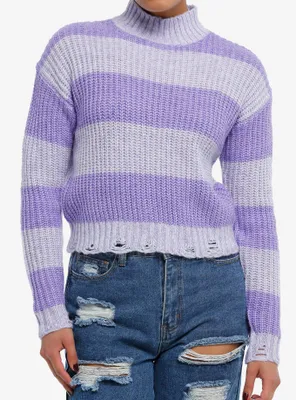 Lavender Purple Stripe Cable Knit Girls Crop Sweater