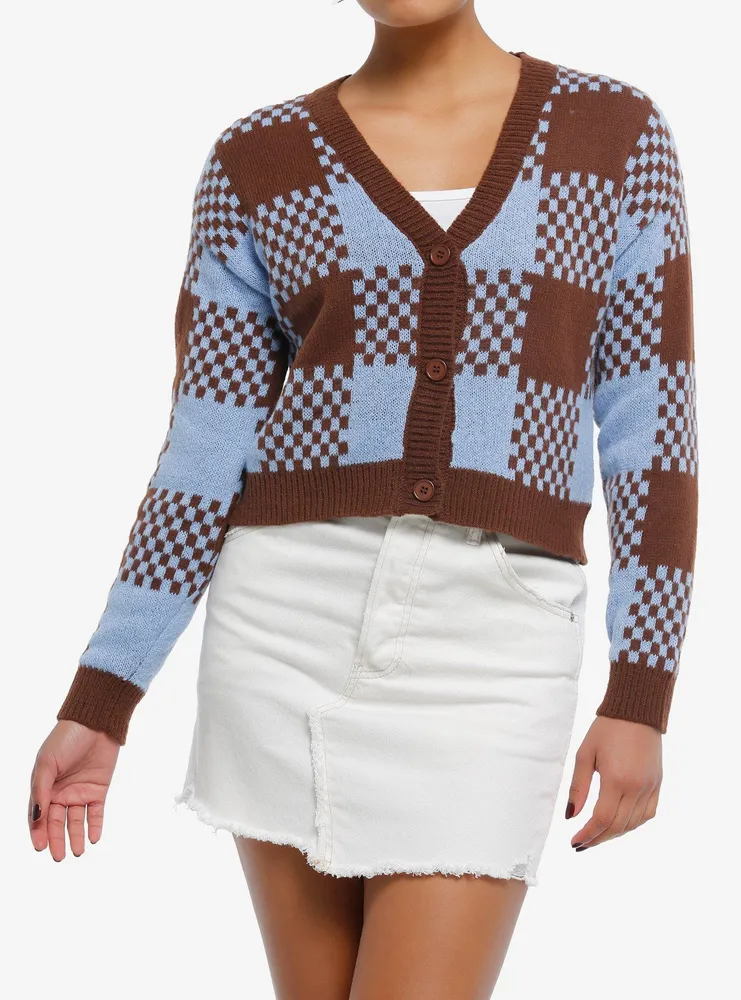 Hot Topic Brown & Blue Plaid Jacquard Knit Girls Crop Cardigan