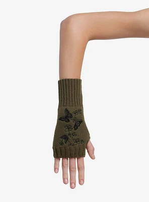 Butterfly Flower Embroidered Short Knit Fingerless Gloves