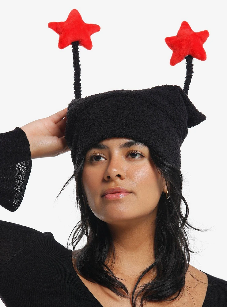 Black & Red Star Plush Antenna Fuzzy Beanie