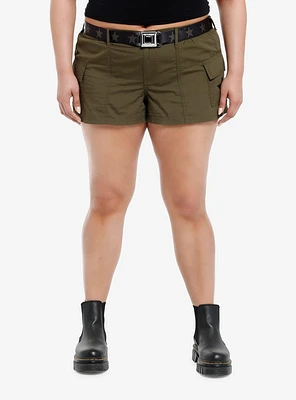 Social Collision Army Green Star Belted Girls Cargo Shorts Plus