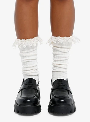 Cream Lace Slouch Knee-High Socks