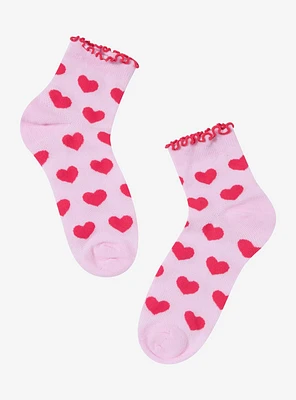 Pink & Red Heart Lettuce Trim Ankle Socks