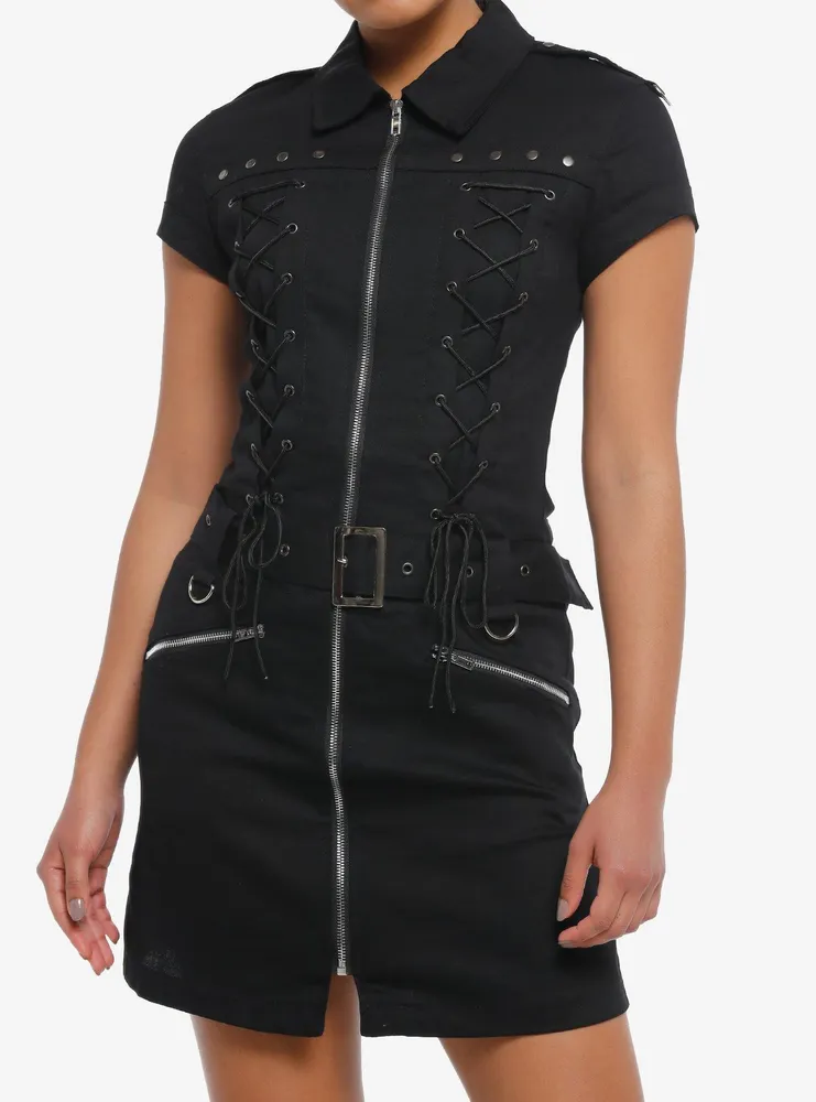 Hot Topic Black Lace-Up Grommet Zipper Dress