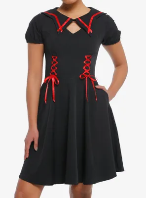 Black & Red Lace-Up Ribbon Skater Dress