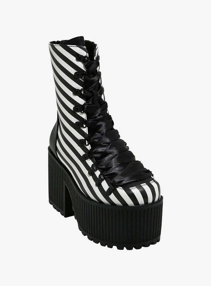 Strange Cvlt Black & White Stripe Pandora Platform Boots