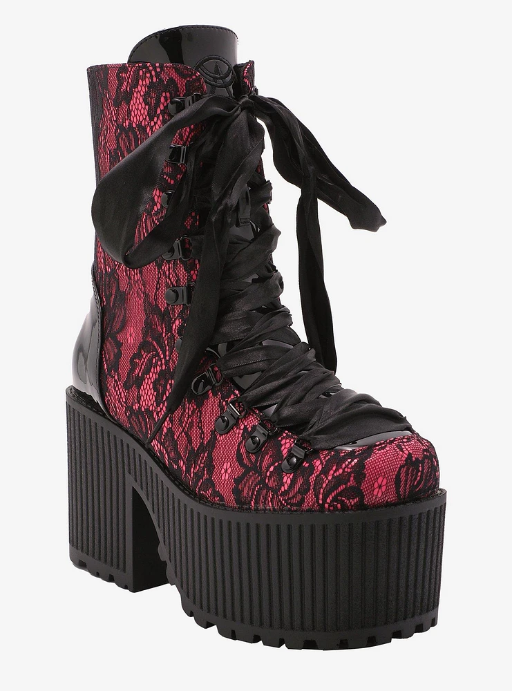 Strange Cvlt Pandora Pink & Black Lace Platform Boots