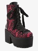 Strange Cvlt Pandora Pink & Black Lace Platform Boots