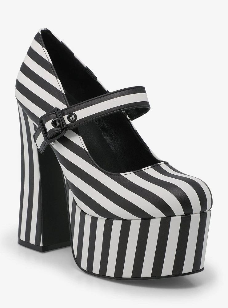 Strange Cvlt Widow Black & White Stripe Platform Heels