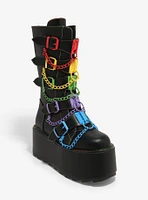 YRU Black Glitch Rainbow Buckle Chain Platform Boots