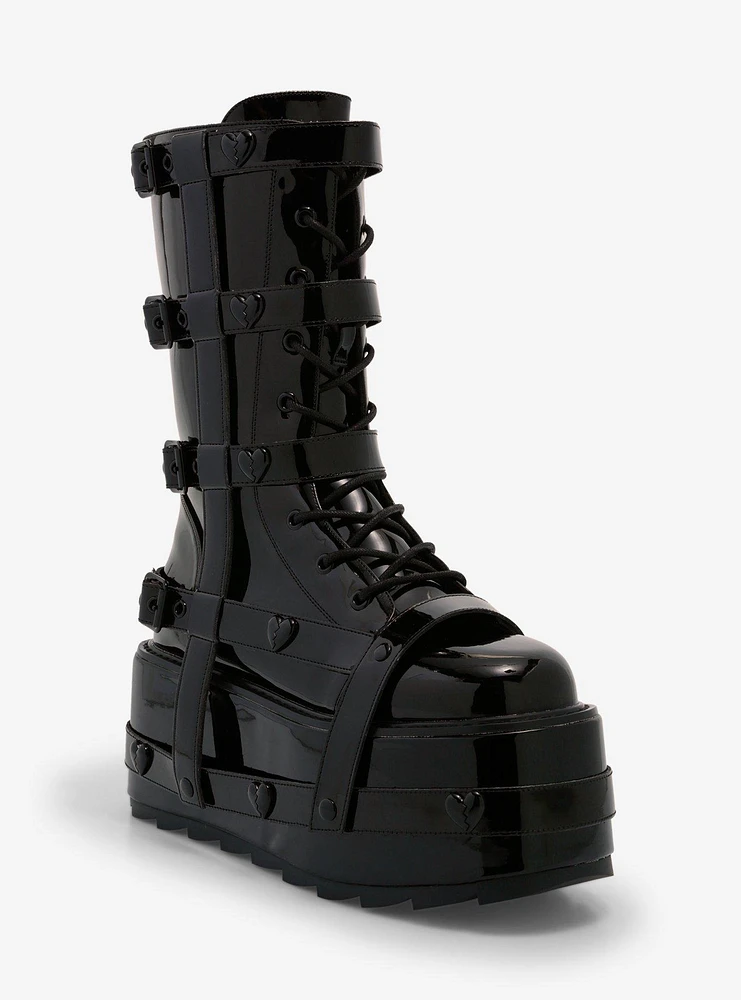 YRU Black Patent Heart Harness Platform Boots