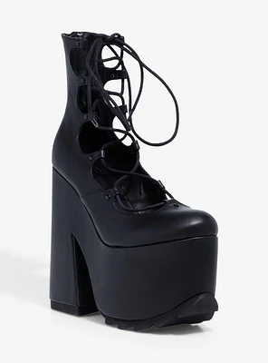YRU Black Lace-Up Platform Heels