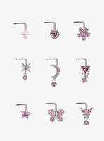 Steel Butterfly Heart Pink Gem Nose Stud 9 Pack