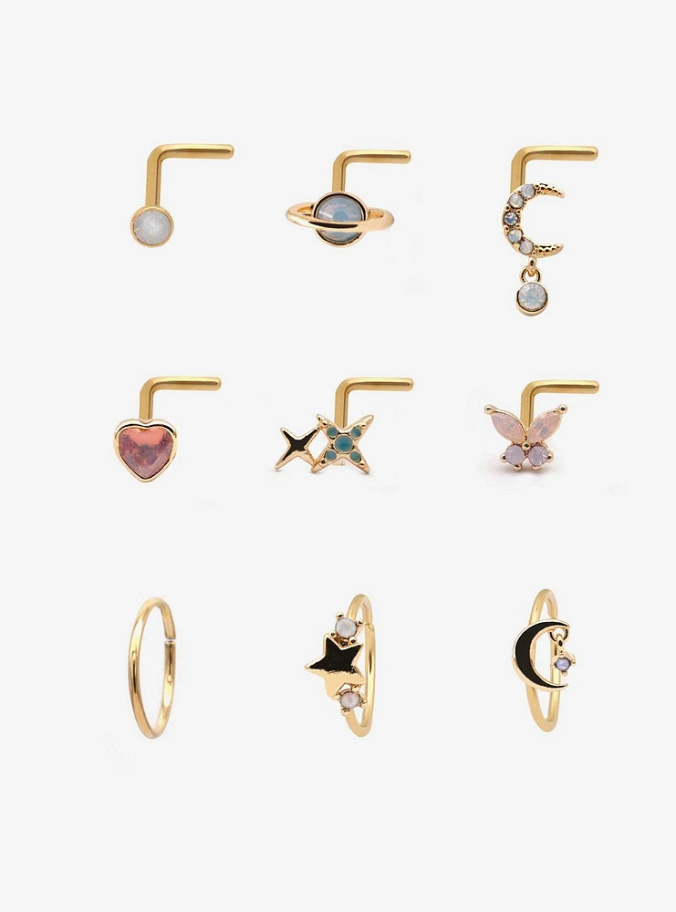 Steel Gold Celestial Gems Nose Stud & Hoop 9 Pack