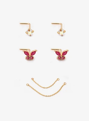Steel Pink Butterfly Gem Nose Stud & Chain 6 Pack