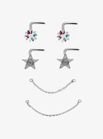 Steel Swirl Star Nose Stud & Chain 6 Pack