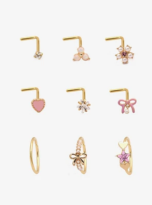 Steel Pink Bow Star Heart Nose Stud & Hoop 9 Pack