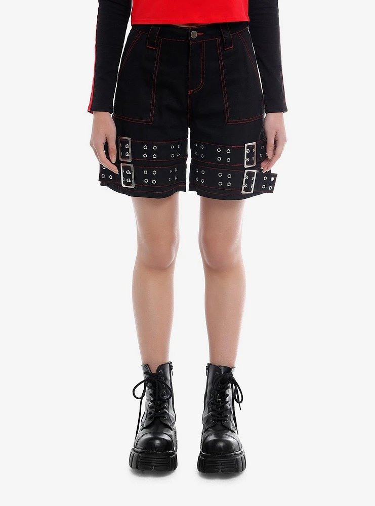 Social Collision® Red Contrast Stitch Grommet Belt Carpenter Shorts