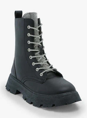 Yoki Black & Silver Bling Platform Combat Boots