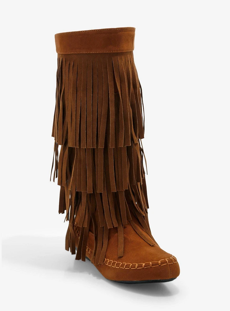 Yoki Brown Faux Suede Fringe Boots