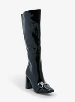 Yoki Shiny Black Buckle Knee-High Heel Boots