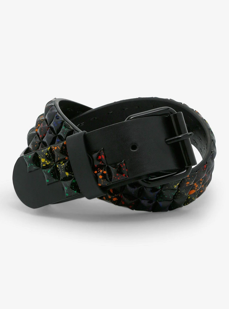 Rainbow Splatter Black Pyramid Stud Belt