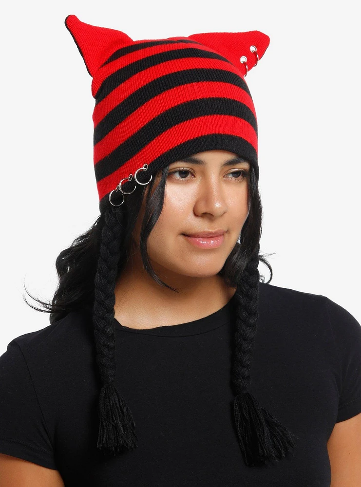 Red & Black Stripe Cat Ear Hardware Beanie