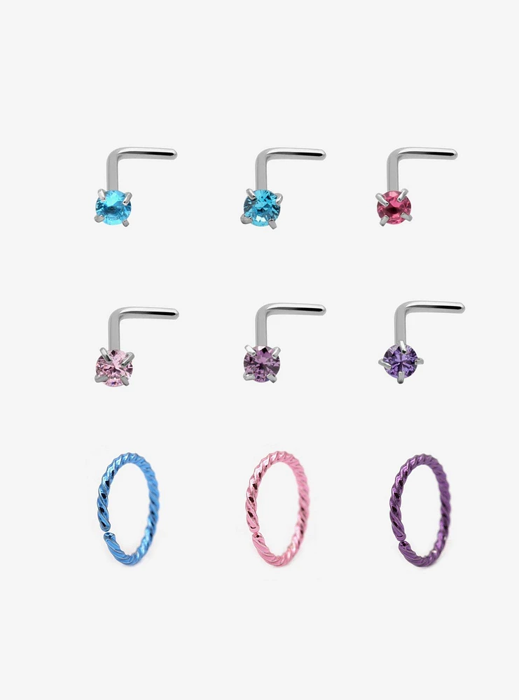 Steel Silver Jewels & Twists Nose Stud Hoop 9 Pack