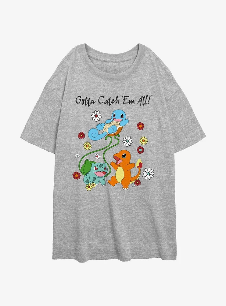 Pokemon Catch Em All Flowers Girls Oversized T-Shirt