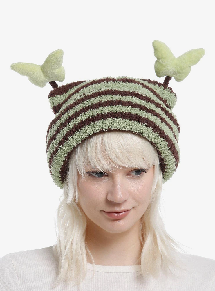 Brown & Green Stripe Butterfly Antenna Fuzzy Beanie