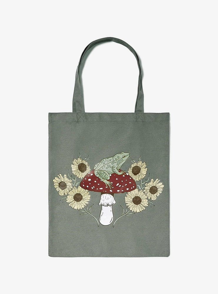 Frog Sunflower Mushroom Green Tote Bag