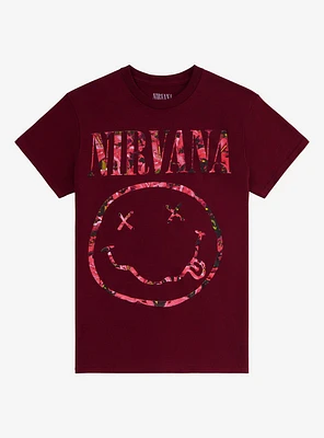 Nirvana Floral Smile Burgundy Boyfriend Fit Girls T-Shirt