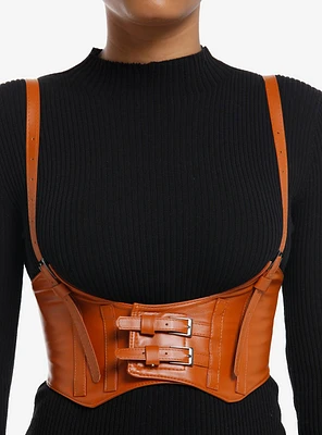 Brown Faux Leather Buckle Underbust Corset Harness