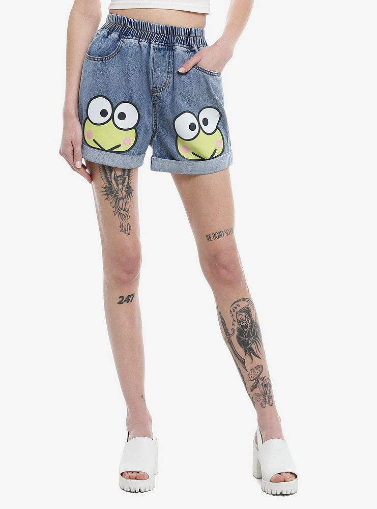 Keroppi Face Elastic High-Waisted Denim Shorts