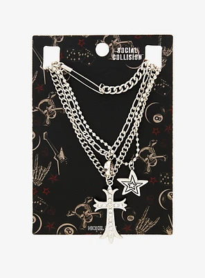 Social Collision Star Rhinestone Cross Layered Necklace