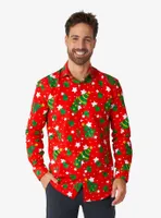 Christmas Trees Stars Red Long Sleeve Button-Up Shirt