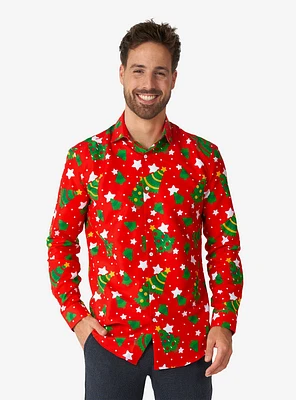 Christmas Trees Stars Red Long Sleeve Button-Up Shirt