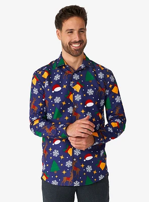 Christmas Icons Blue Long Sleeve Button-Up Shirt