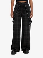 Black & Brown Plaid Grommet Suspender Wide Leg Pants