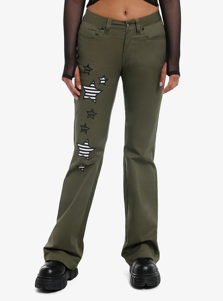 Olive Striped Star Low-Rise Flare Pants