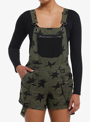 Social Collision Olive & Black Star Suspender Shortalls