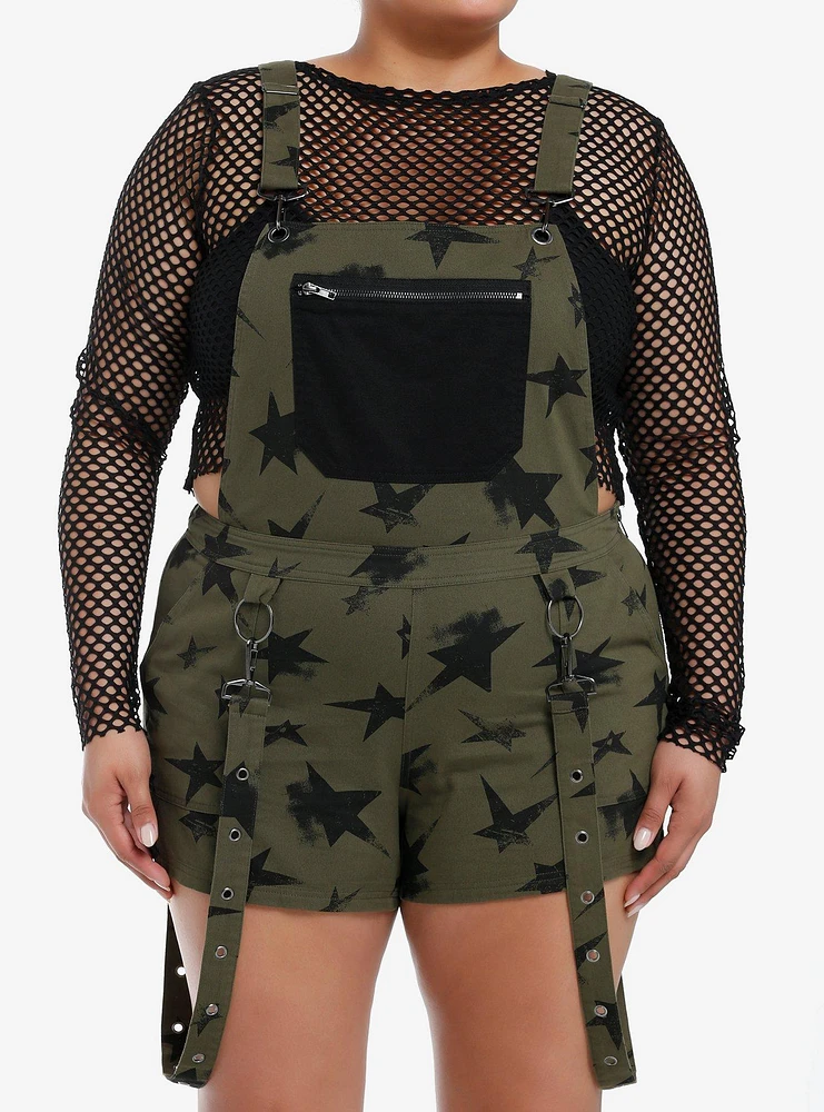 Social Collision Olive & Black Star Suspender Shortalls Plus