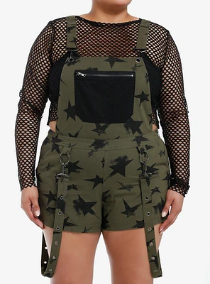 Social Collision Olive & Black Star Suspender Shortalls Plus