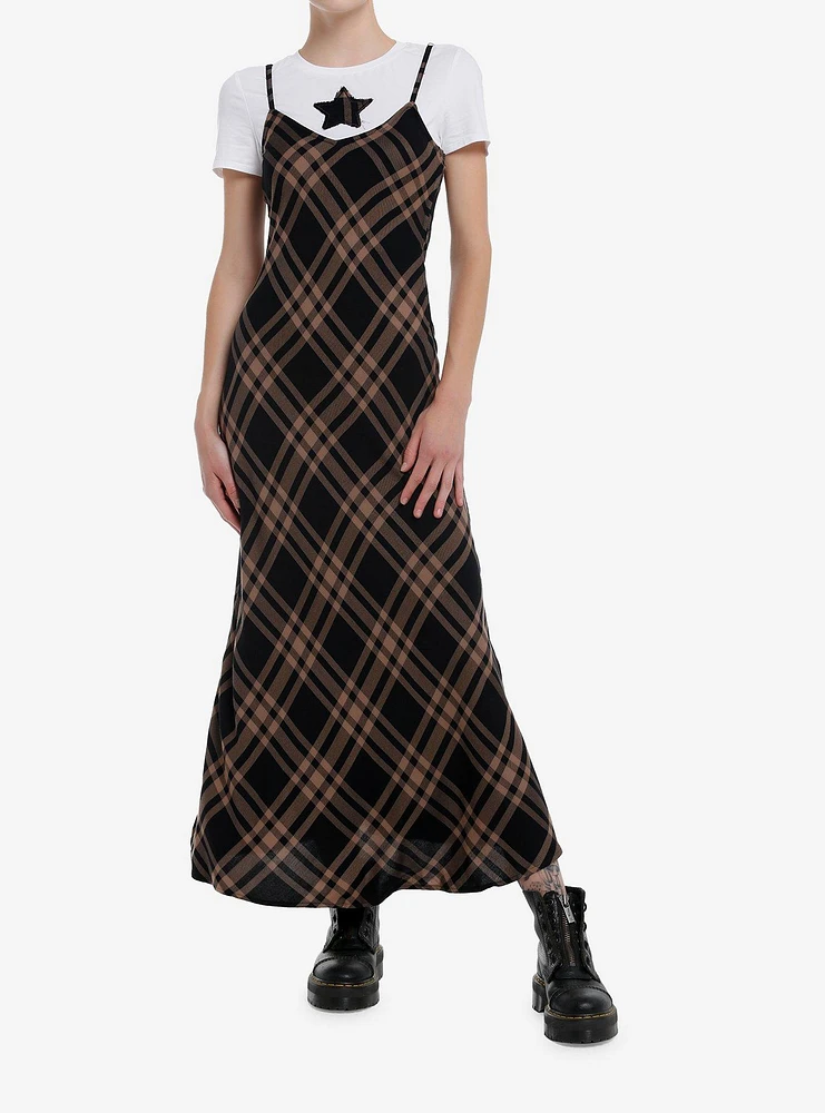 Brown & Black Plaid Star Twofer Maxi Dress