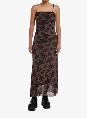 Thorn & Fable Brown Rose Ruched Mesh Midaxi Dress